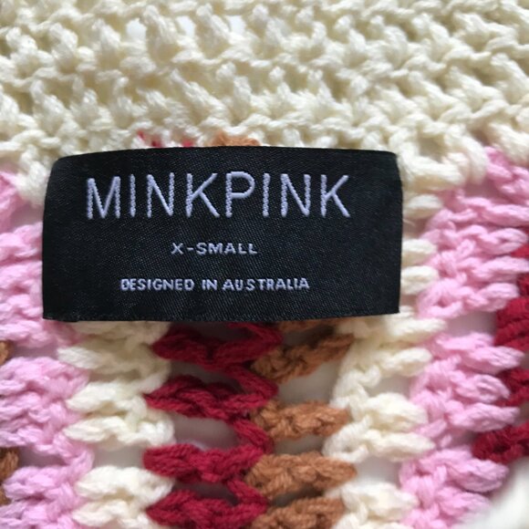 MinkPink Norah Crochet Sweater Womens XS Cream Pink Red Crew Neck Long Sleeve - Picture 6 of 11